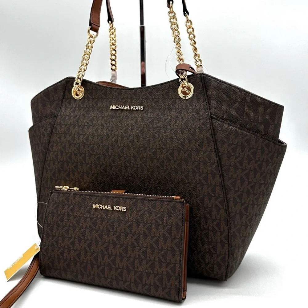 Michael Kors Large Jet Set Travel Chain Shoulder Bag & Double Zip Wallet Brown - Picture 2 of 15